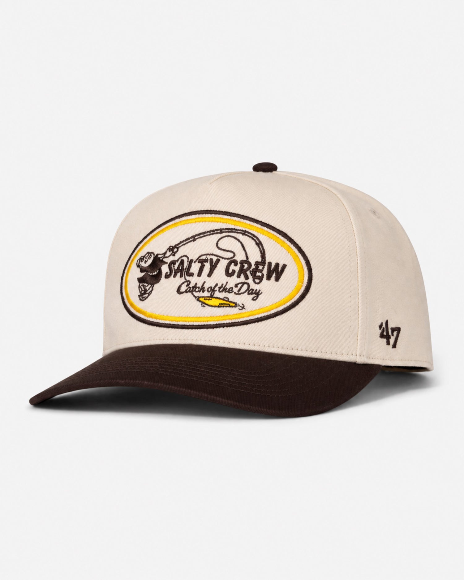 The Padres Swingin Friar Hat - Bone by Salty Crew features a stylish beige and brown design, highlighted by an oval patch on the front and the number ’47 stitched on the left side. This limited edition cap brings classic flair to your everyday look, making it a must-have for fans and collectors alike.