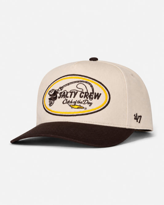The Padres Swingin Friar Hat - Bone by Salty Crew features a stylish beige and brown design, highlighted by an oval patch on the front and the number ’47 stitched on the left side. This limited edition cap brings classic flair to your everyday look, making it a must-have for fans and collectors alike.