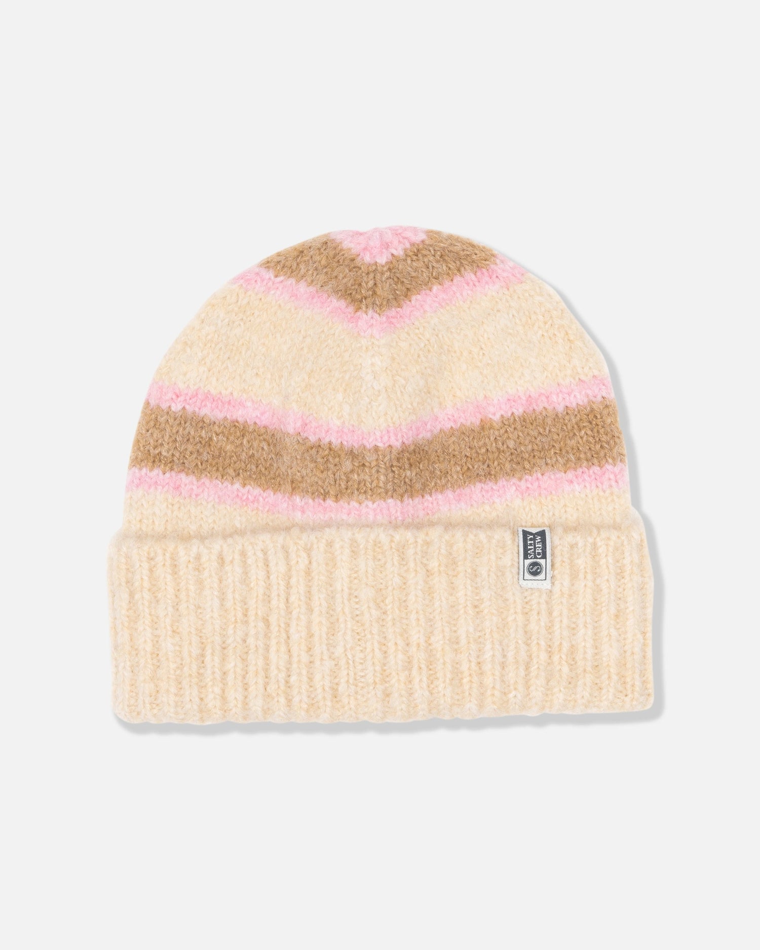 The Salty Crew East Cape Beanie - Off White features cream, light brown, and pink horizontal stripes with a ribbed turnback cuff and a small sewn-on label.