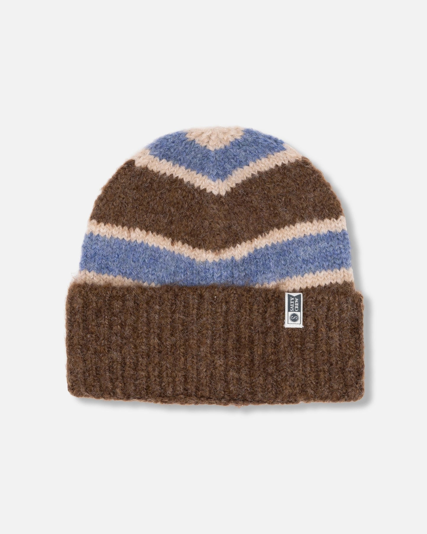 The Salty Crew East Cape Beanie - Washed Brown is a cozy wool beanie featuring brown, beige, and blue zigzag stripes, a thick washed brown turnback cuff, and a small rectangular logo tag.