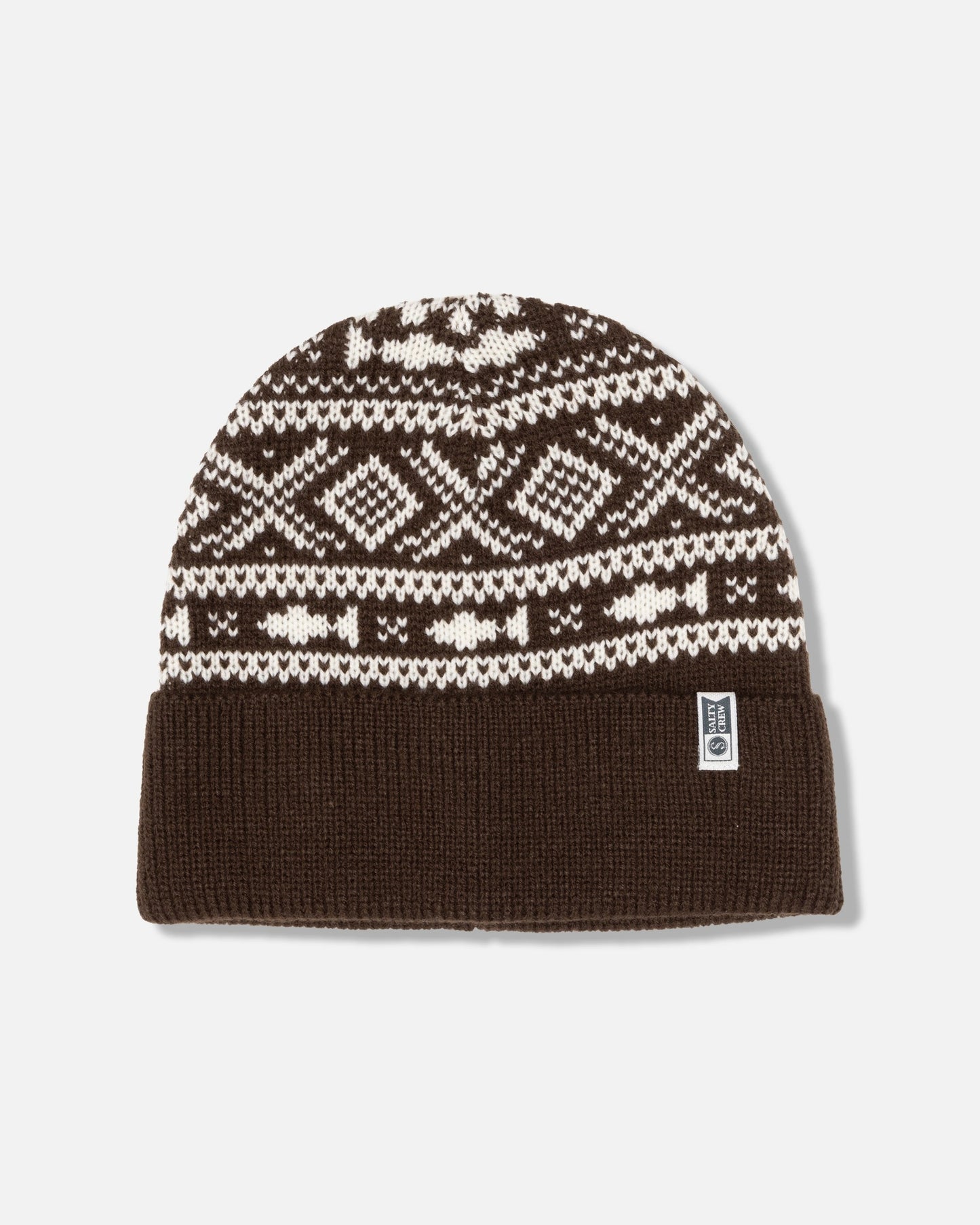 The Salty Crew Out To Sea Beanie in washed brown is an acrylic beanie with a white jacquard geometric pattern and a turnback cuff, featuring a small rectangular brand tag on the front.