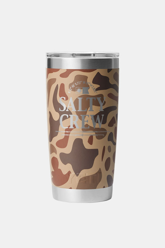 20 oz Yeti Salty Crew tumbler in Wetlands Camo with silver base and clear lid