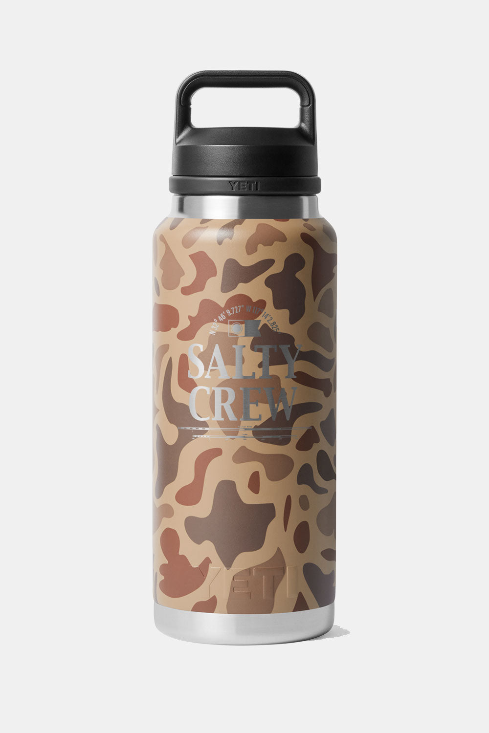 36 oz Yeti Salty Crew Rambler bottle in Wetlands Camo with black built in handle lid