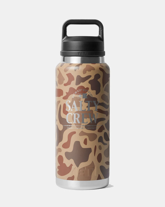 36 oz Yeti Salty Crew Rambler bottle in Wetlands Camo with black built in handle lid