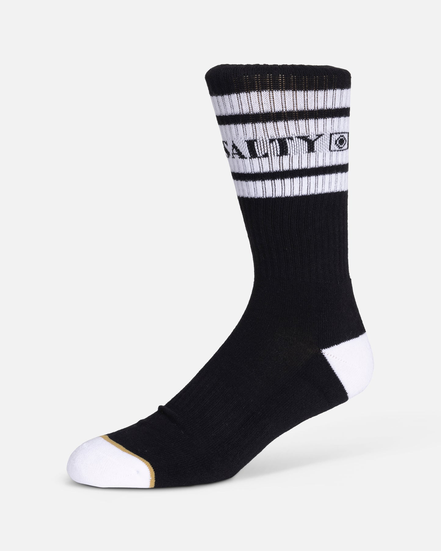 The Salty Crew Flagship 3-Pack Sock Box - Assorted includes black and white cotton blend crew socks featuring horizontal white stripes, "SALTY" in black within the stripes, and white heel, toe, and sole. Fits sizes 7-11.