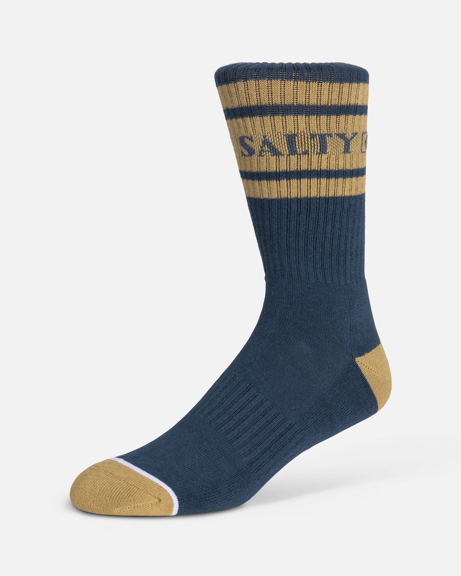 A single blue crew sock from the Salty Crew Flagship 3-Pack, with gold accents and stripes, soft cotton blend, fits size 7-11. Features partial "SALTY" text in blue. Displayed upright on a white background.