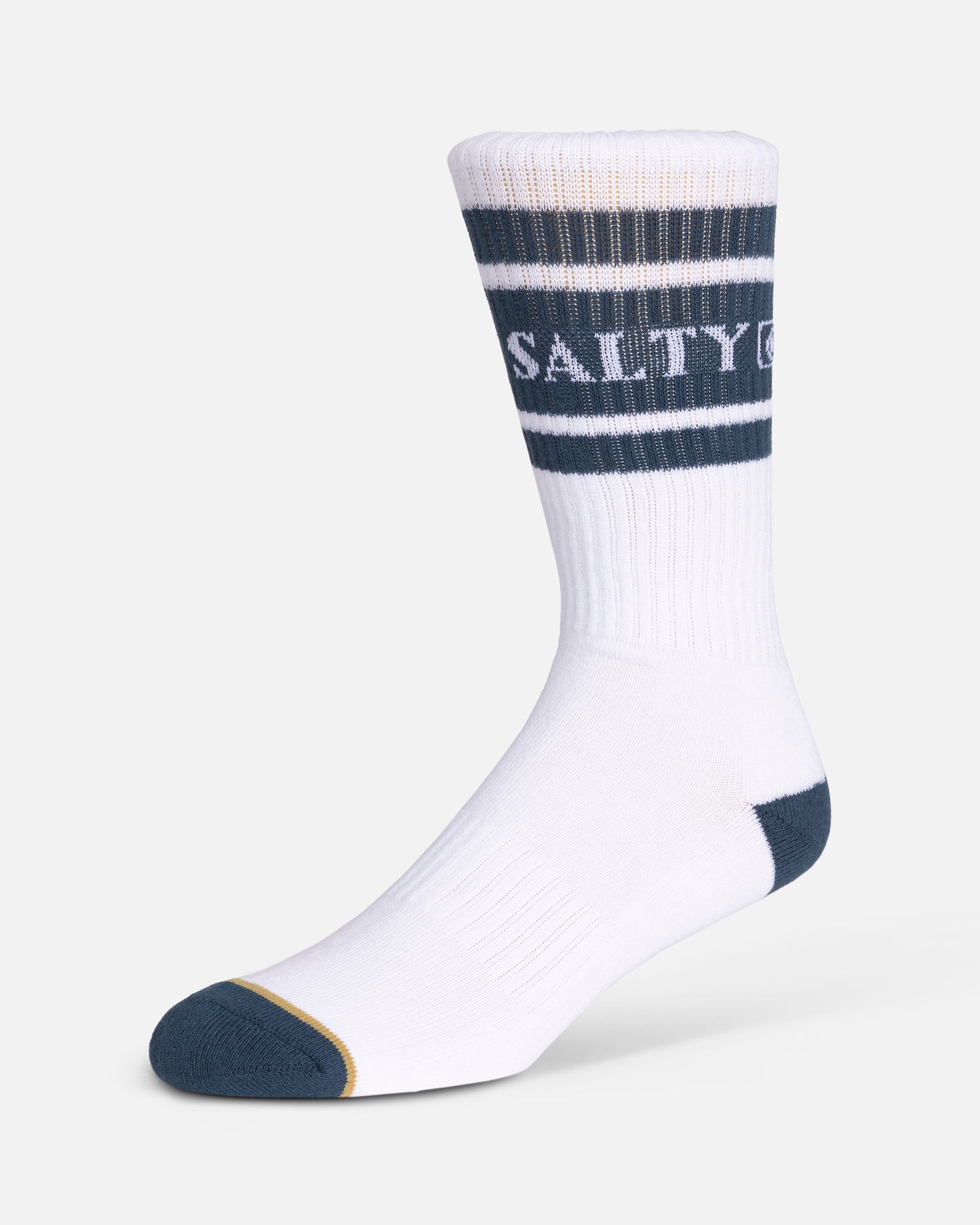 The Salty Crew Flagship 3-Pack Sock Box - Assorted includes white cotton blend crew socks (size 7-11) with navy stripes, navy heel/toe, a thin yellow toe stripe, and "SALTY" in white on the navy band.