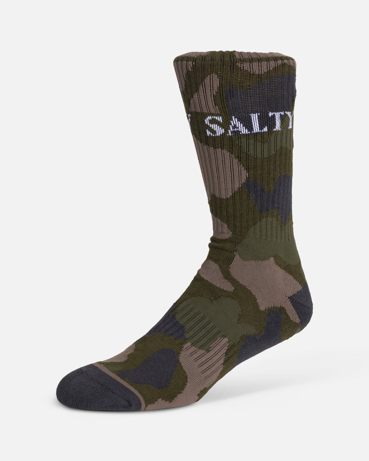 The Salty Crew Camo 3-Pack Sock Box - Assorted features crew-length cotton blend socks with green, brown, and black camo patterns, "SALTY" stitched in white, dark gray toe and heel accents. Fits sizes 7-11.