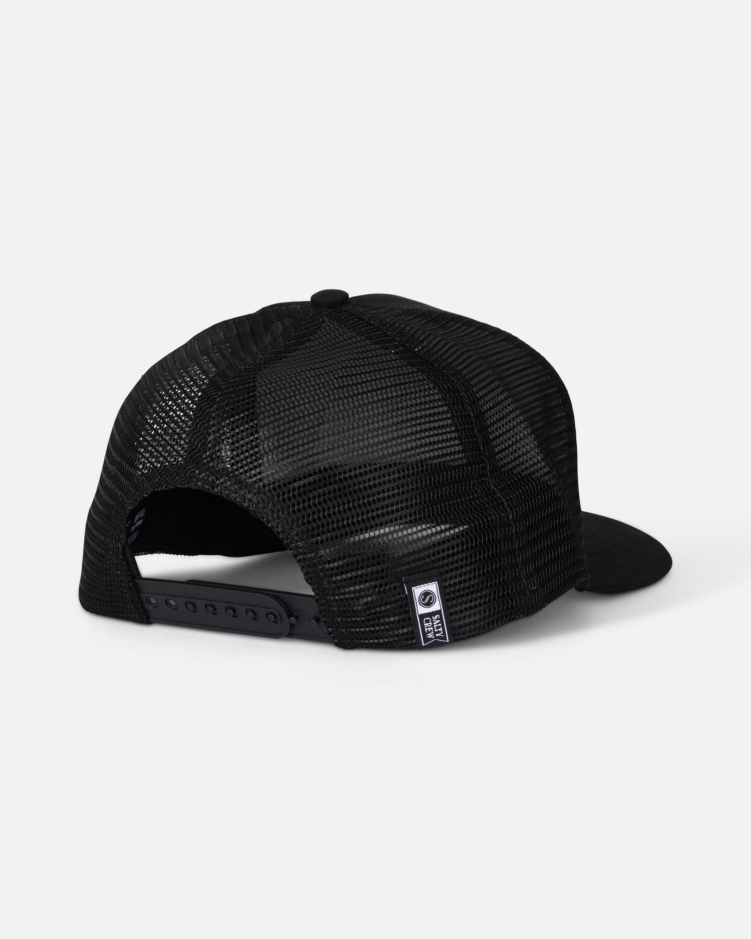 The Salty Crew Coordinates Trucker - Black is a black mesh high crown snapback baseball cap, shown from the back with an adjustable strap and a small rectangular label near the closure. Both the crown and brim are black.