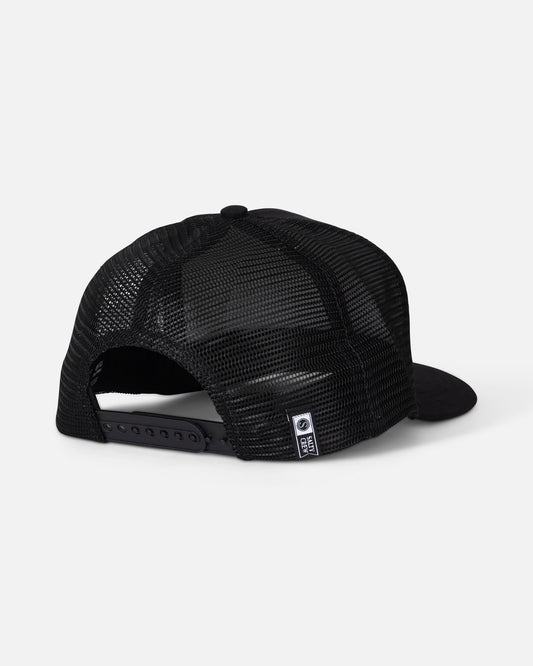 The Salty Crew Coordinates Trucker - Black is a black mesh high crown snapback baseball cap, shown from the back with an adjustable strap and a small rectangular label near the closure. Both the crown and brim are black.