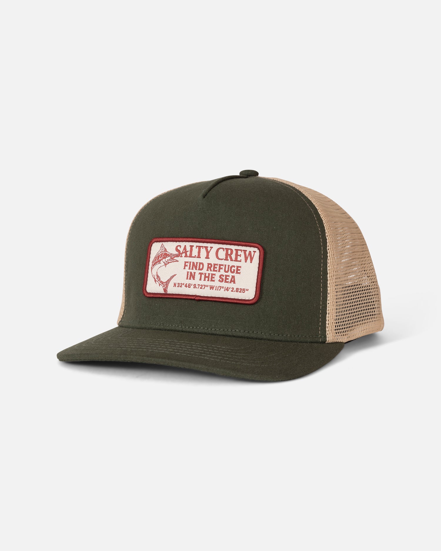 Introducing the Salty Crew Coordinates Trucker - Deep Green, a mesh trucker hat in olive green and tan with a high-crown, 5-panel design. Featuring a red and white patch that reads “Salty Crew Find Refuge In The Sea” and highlighted with a fish graphic, this cap blends style and comfort—perfect for your next adventure.
