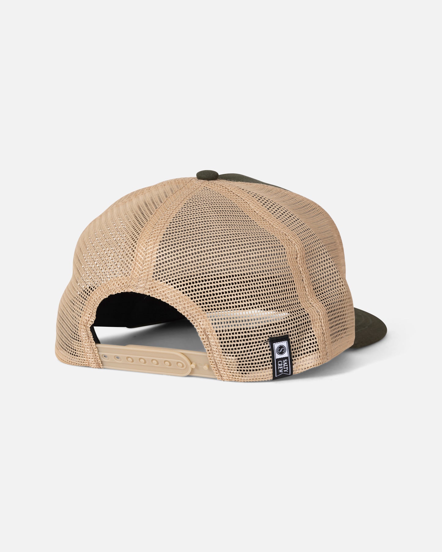 A rear view of the Salty Crew Coordinates Trucker - Deep Green shows its tan mesh panels, adjustable cotton snapback strap, and a black-and-white tag near the closure. The high crown hat features a deep green front panel and bill.