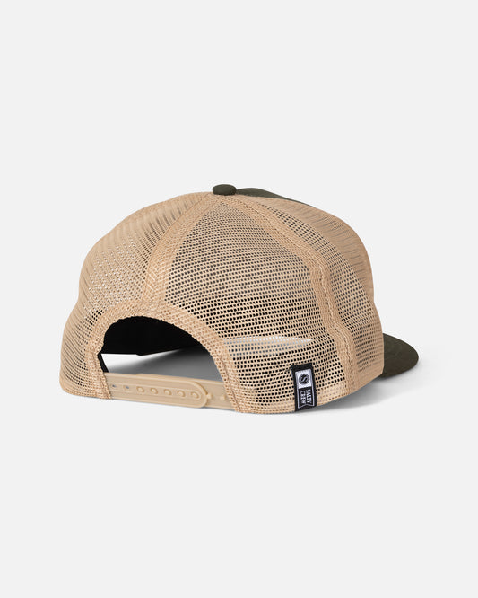 A rear view of the Salty Crew Coordinates Trucker - Deep Green shows its tan mesh panels, adjustable cotton snapback strap, and a black-and-white tag near the closure. The high crown hat features a deep green front panel and bill.