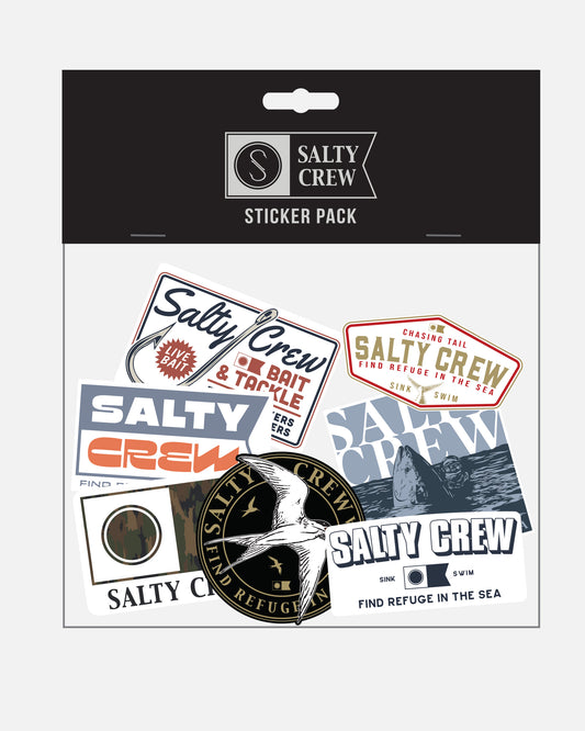 Introducing the Fall ’26 Sticker Pack from Salty Crew—a collection of polyvinyl stickers in assorted sizes, each adorned with ocean-themed artwork and sayings like “Find Refuge in the Sea” and “Chasing Tail.” The stickers are neatly arranged inside clear packaging.