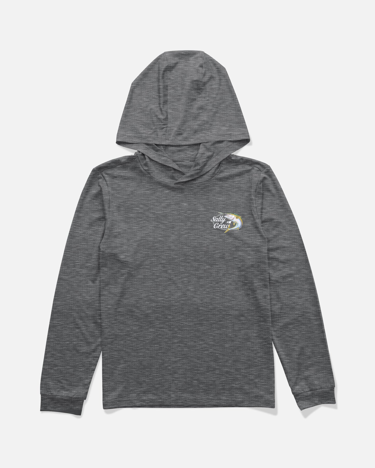 Back view of the Yellow Tailed Boys Hood Sunshirt - Charcoal Heather. 
