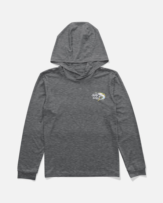 Back view of the Yellow Tailed Boys Hood Sunshirt - Charcoal Heather. 