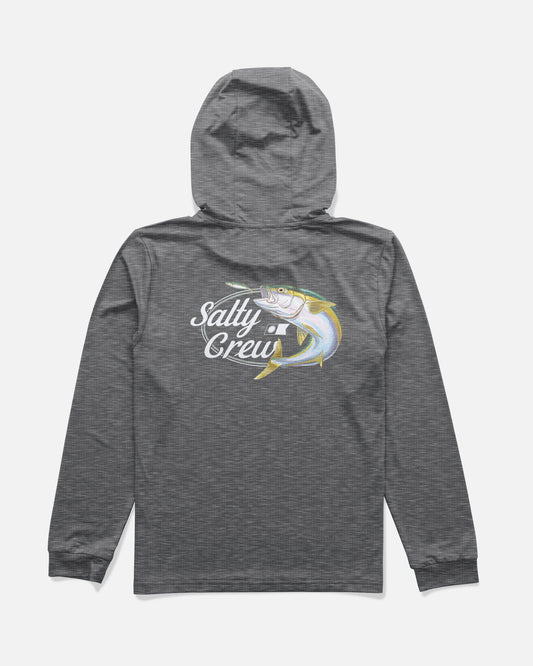 Front view of the Yellow Tailed Boys Hood Sunshirt - Charcoal Heather. 