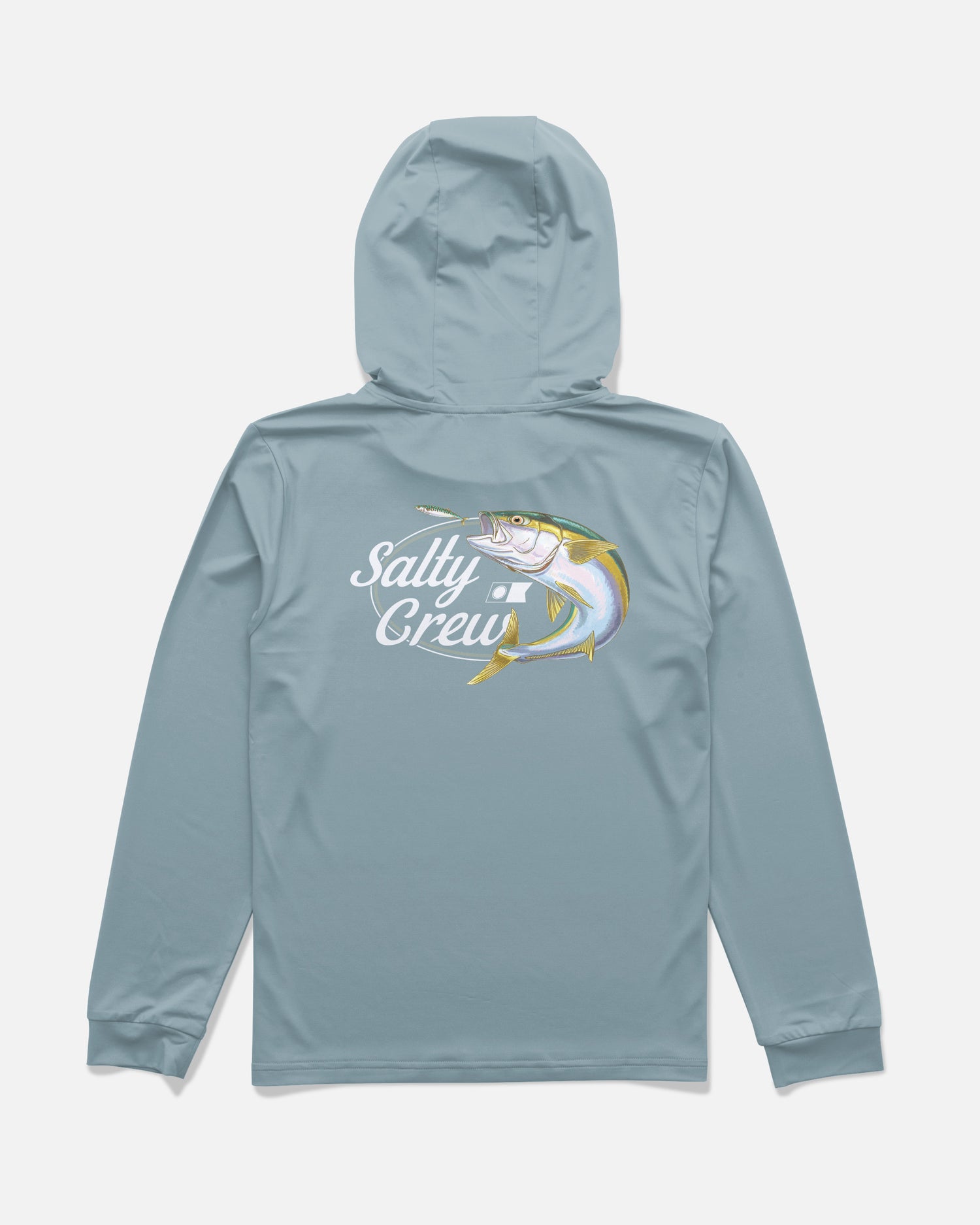 Back view of the Yellow Tailed Boys Hood Sunshirt - Hitch Blue. 