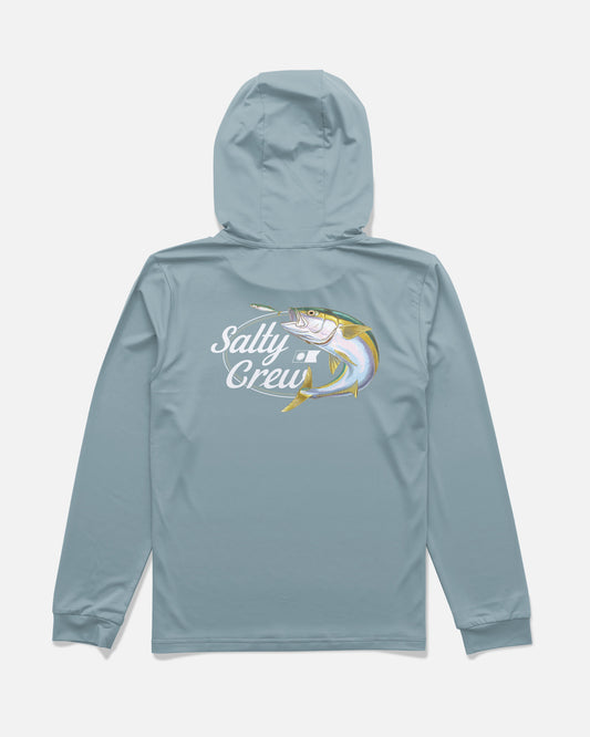Back view of the Yellow Tailed Boys Hood Sunshirt - Hitch Blue. 