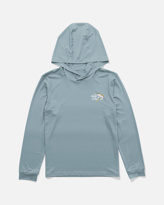 Front view of the Yellow Tailed Boys Hood Sunshirt - Hitch Blue. 