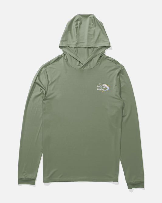 Front view of the Yellow Tailed Hood Sunshirt - Agave. 