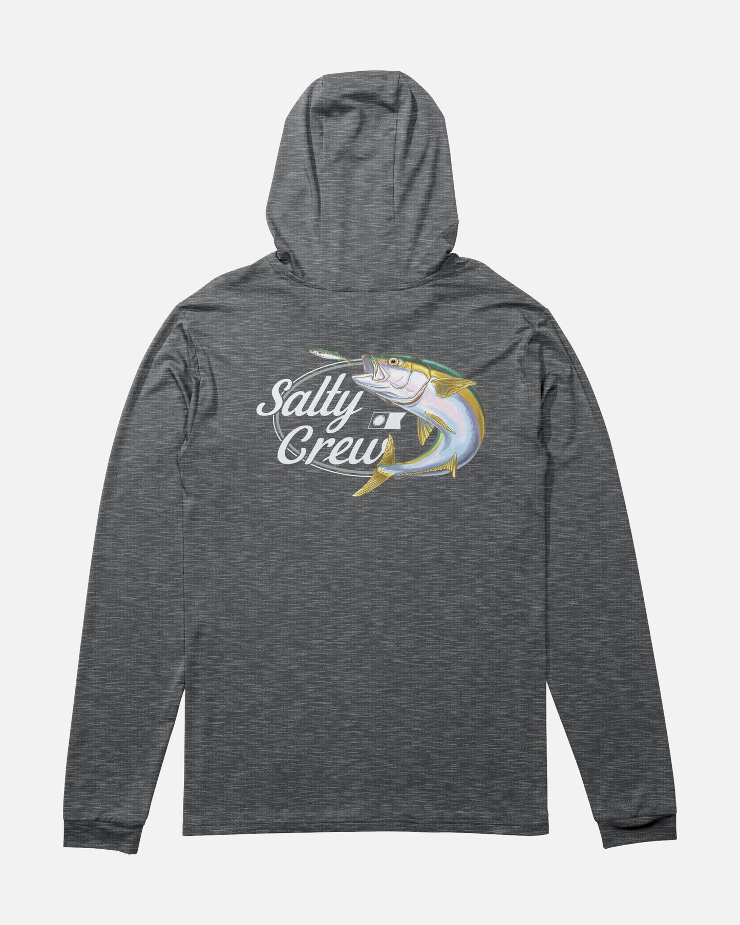 Front view of the Yellow Tailed Hood Sunshirt - Charcoal Heather. 