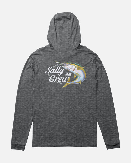 Front view of the Yellow Tailed Hood Sunshirt - Charcoal Heather. 