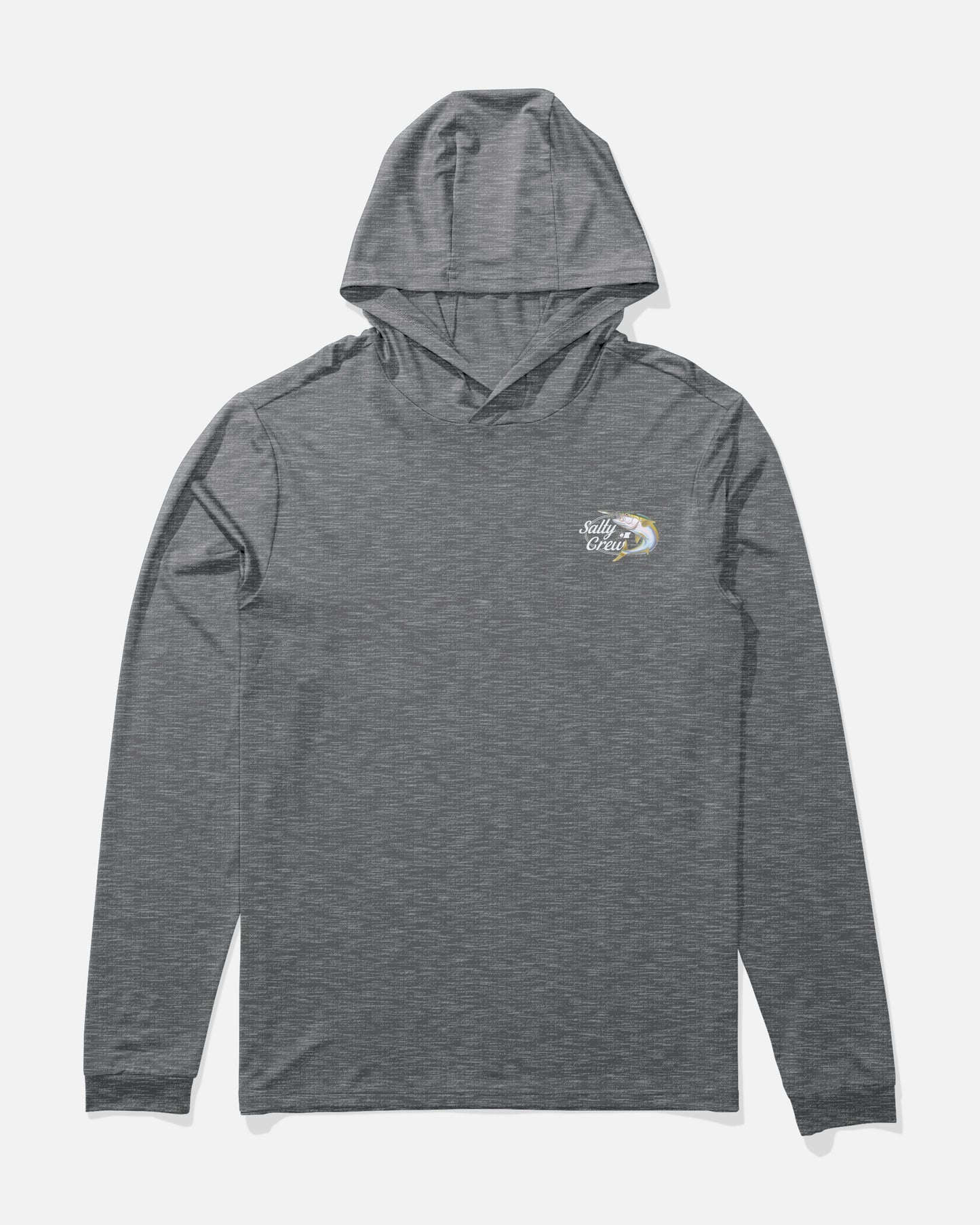 Front view of the Yellow Tailed Hood Sunshirt - Charcoal Heather. 