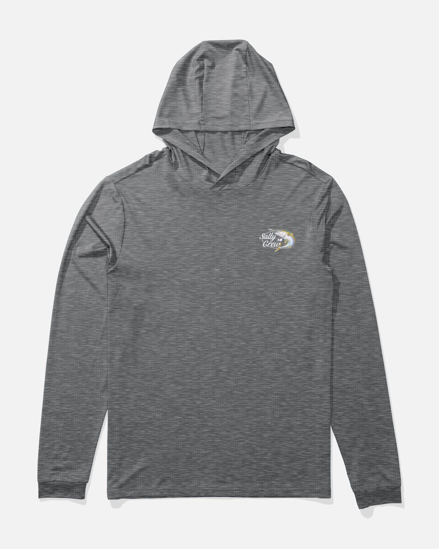 Front view of the Yellow Tailed Hood Sunshirt - Charcoal Heather. 