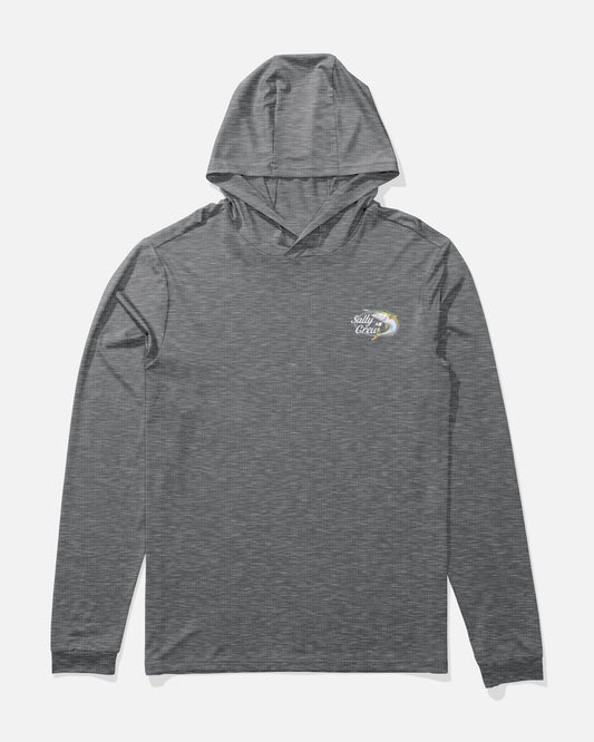Front view of the Yellow Tailed Hood Sunshirt - Charcoal Heather. 
