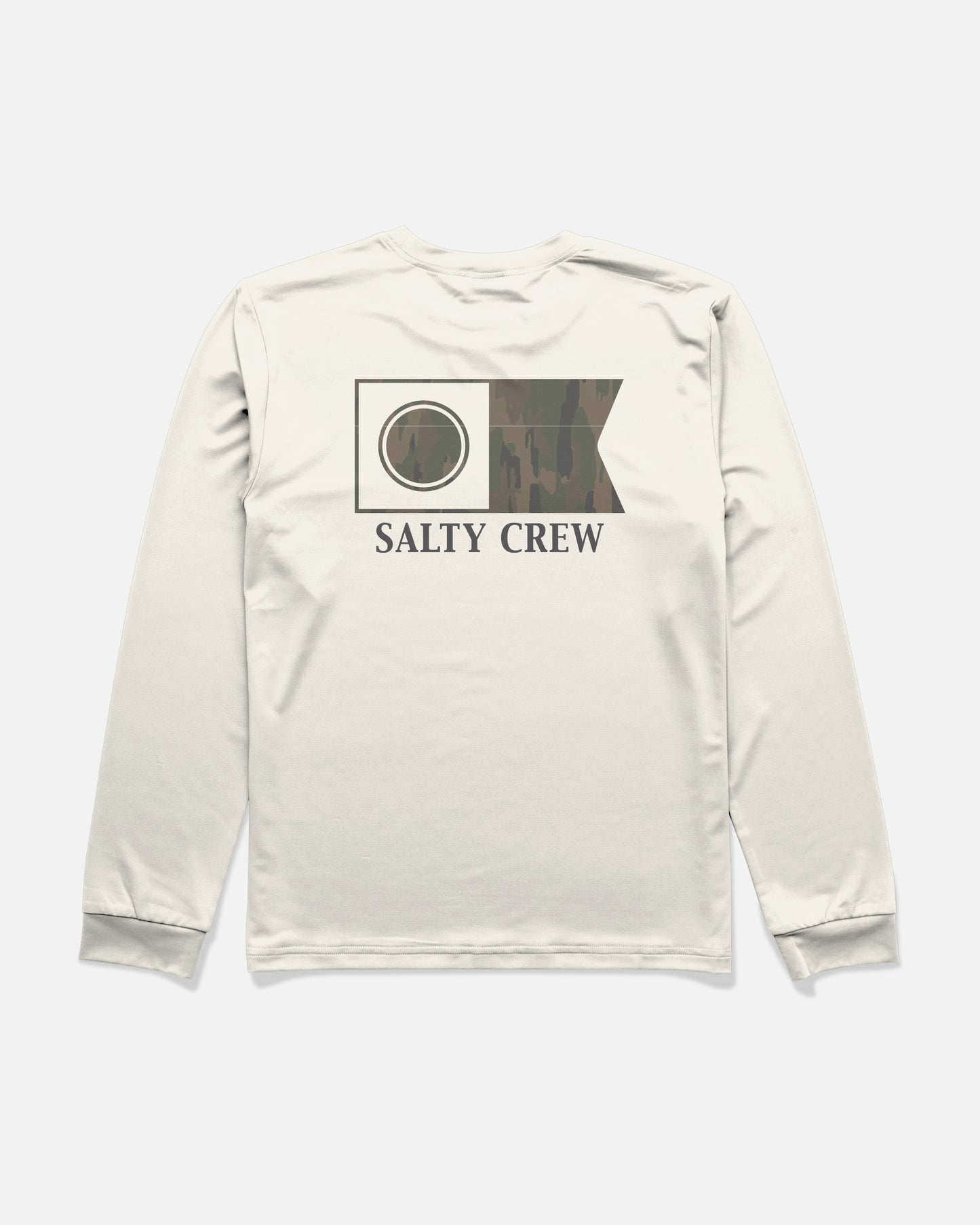 The Salty Crew Flagship Fill Boys Long Sleeve Sunshirt in Bone features a camouflage fish flag graphic and SALTY CREW text printed on the back. Designed for comfort during long days outdoors, it offers UPF 50+ sun protection.