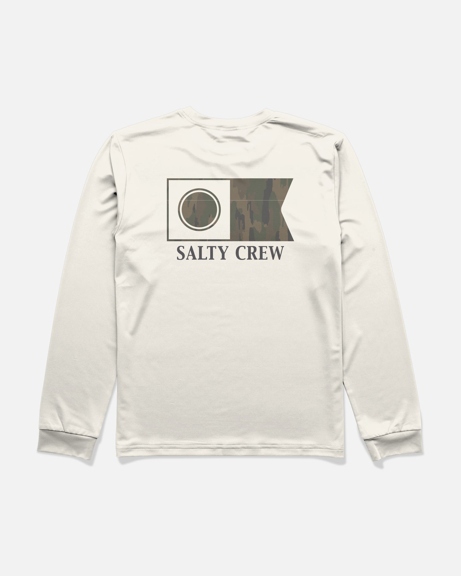 The Salty Crew Flagship Fill Boys Long Sleeve Sunshirt in Bone features a camouflage fish flag graphic and SALTY CREW text printed on the back. Designed for comfort during long days outdoors, it offers UPF 50+ sun protection.