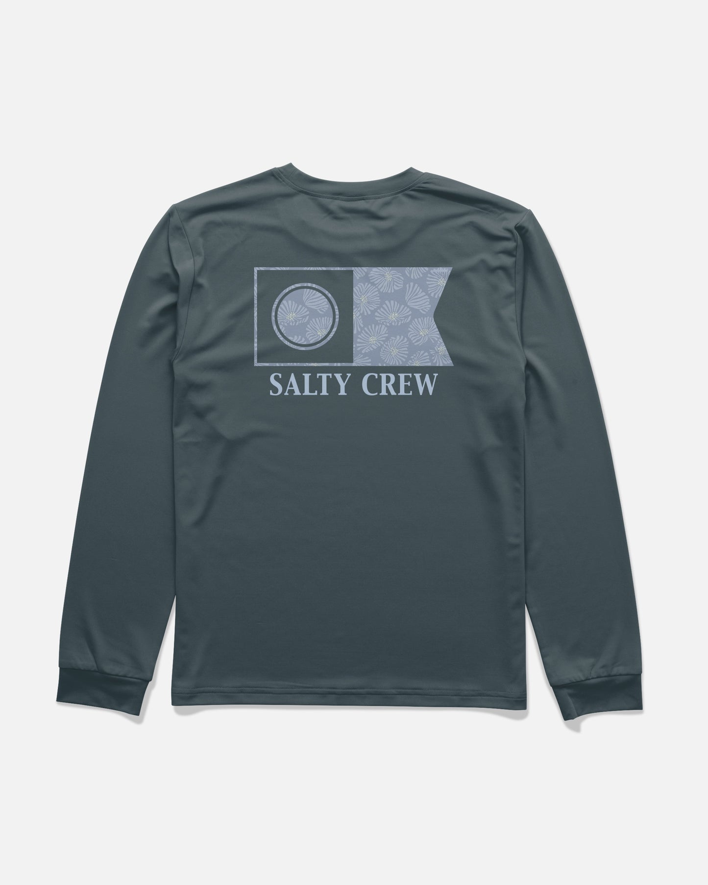 The Salty Crew Flagship Fill Boys Long Sleeve Sunshirt in navy features a light blue flag graphic with a palm pattern, SALTY CREW text printed on the back, and is made from moisture-wicking, 4-way stretch fabric for all-day comfort.
