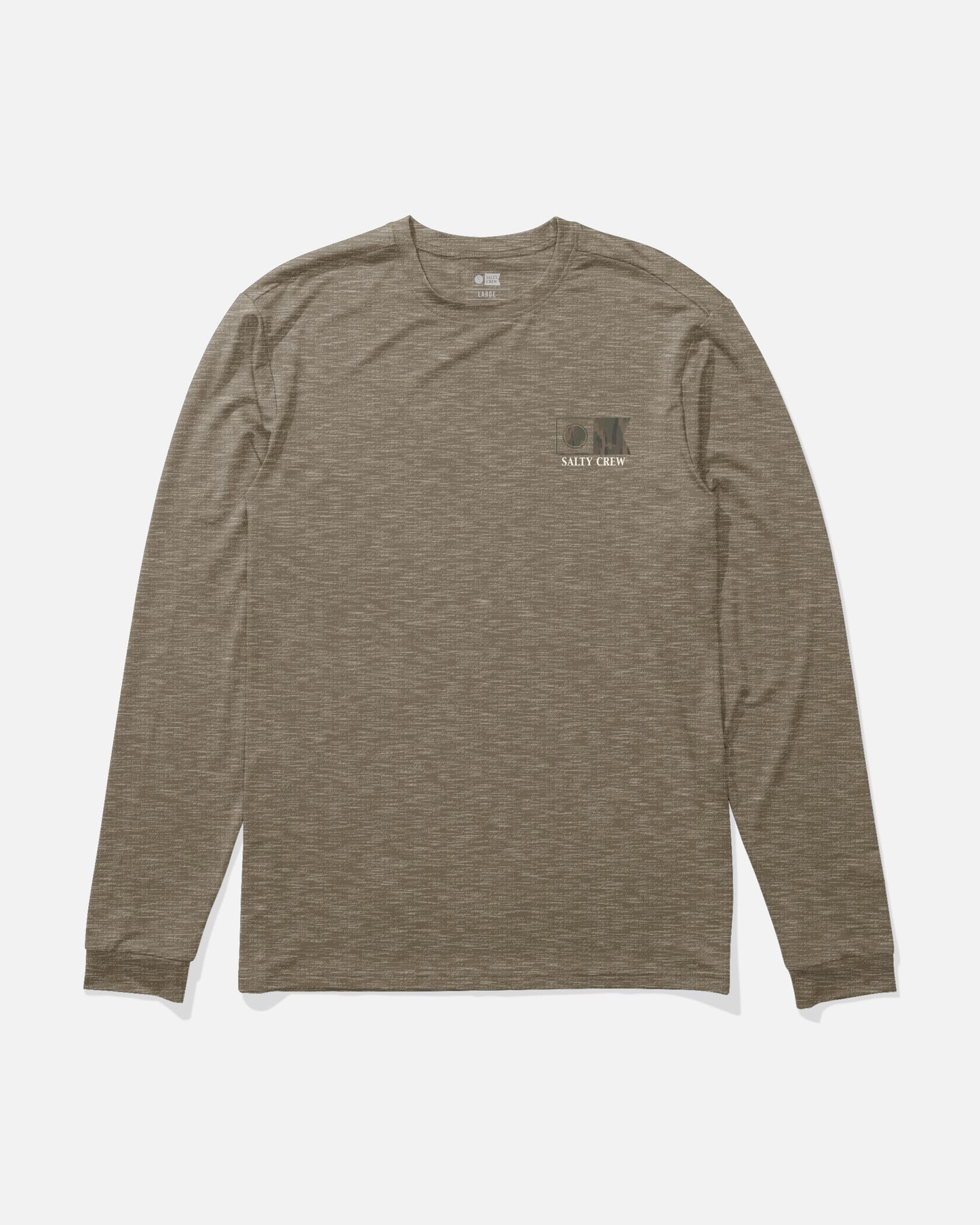 The Salty Crew Flagship Fill Long Sleeve Sunshirt in Washed Brown Heather, featuring a small logo and fish graphic on the left chest, is crafted from moisture-wicking fabric and is shown laid flat on a white background.