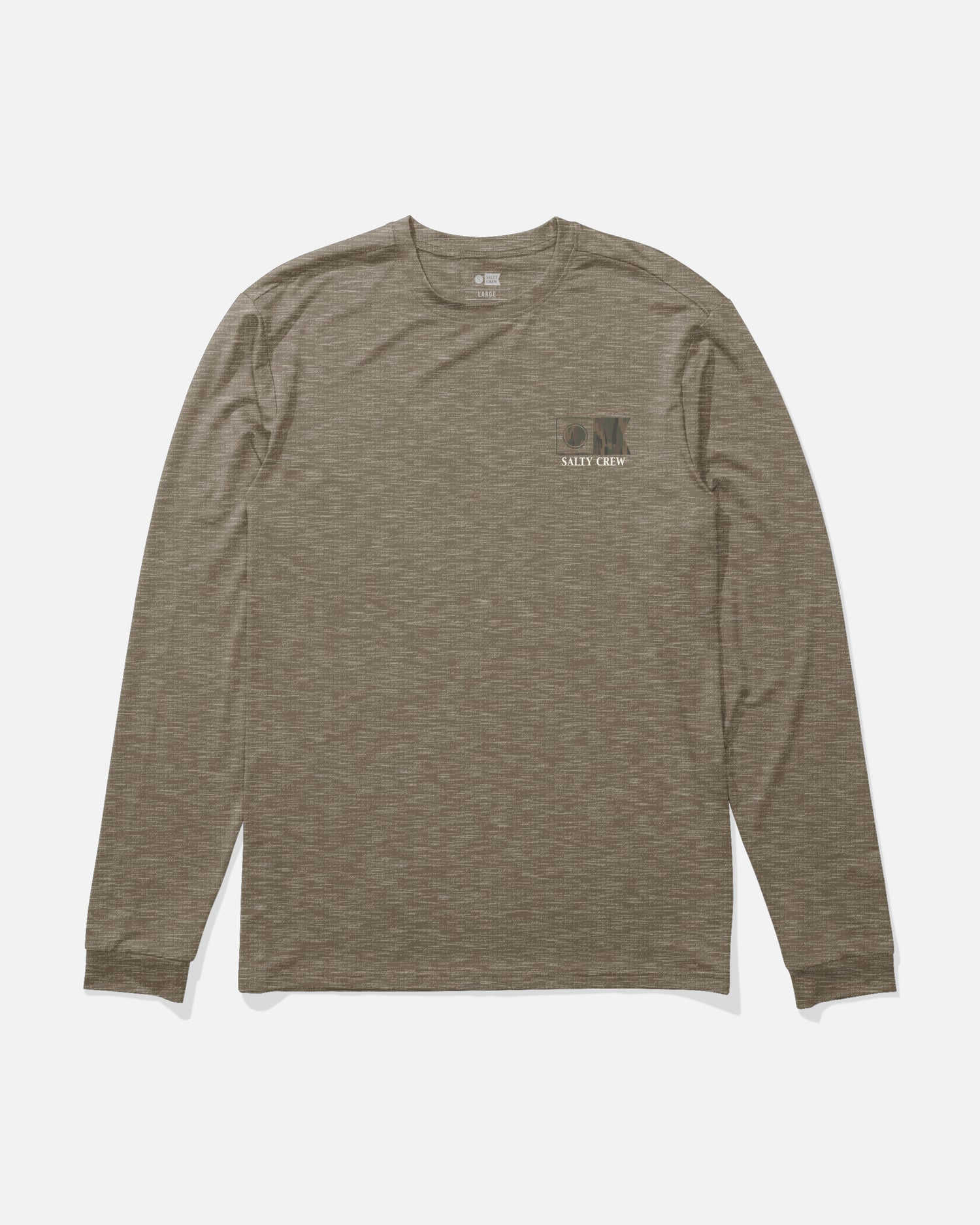 The Salty Crew Flagship Fill Long Sleeve Sunshirt in Washed Brown Heather, featuring a small logo and fish graphic on the left chest, is crafted from moisture-wicking fabric and is shown laid flat on a white background.