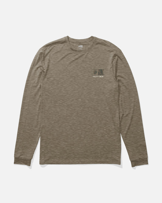 The Salty Crew Flagship Fill Long Sleeve Sunshirt in Washed Brown Heather, featuring a small logo and fish graphic on the left chest, is crafted from moisture-wicking fabric and is shown laid flat on a white background.