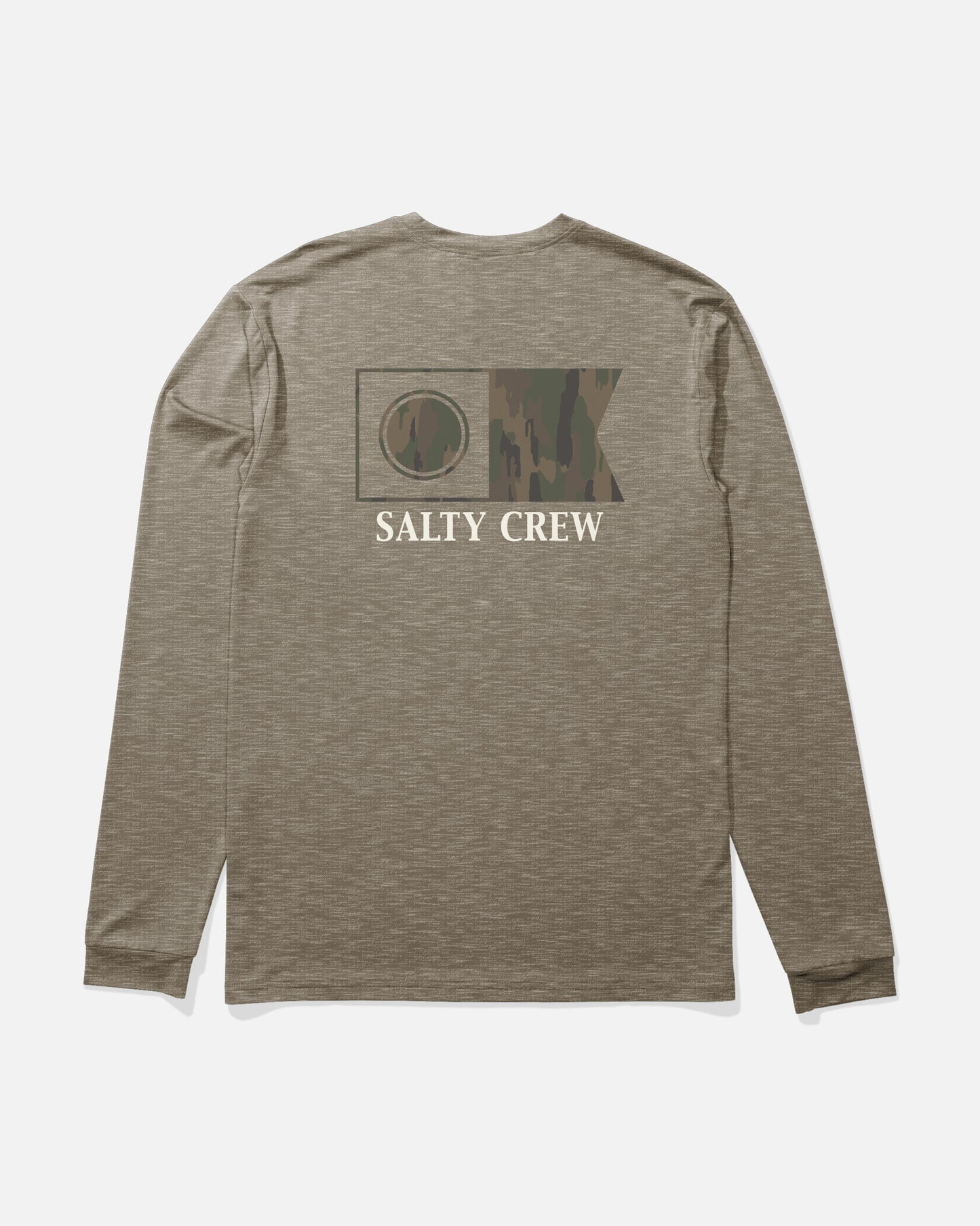 Introducing the Salty Crew Flagship Fill Long Sleeve Sunshirt in Washed Brown Heather—crafted from moisture-wicking fabric to keep you dry and comfortable all day, this long-sleeve shirt features a camo graphic and bold Salty Crew branding on the back.