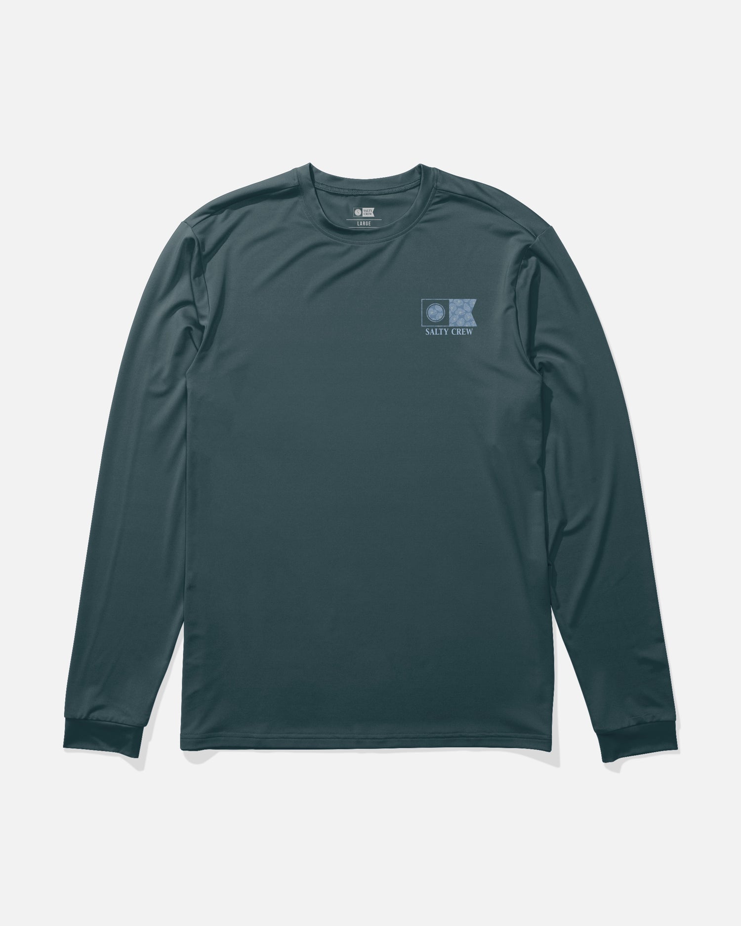 The Salty Crew Flagship Fill Long Sleeve Sunshirt in navy features a small blue logo and Salty Crew text on the left chest. Crafted from moisture-wicking fabric for all-day comfort, this long-sleeve shirt is displayed laid flat on a white background.