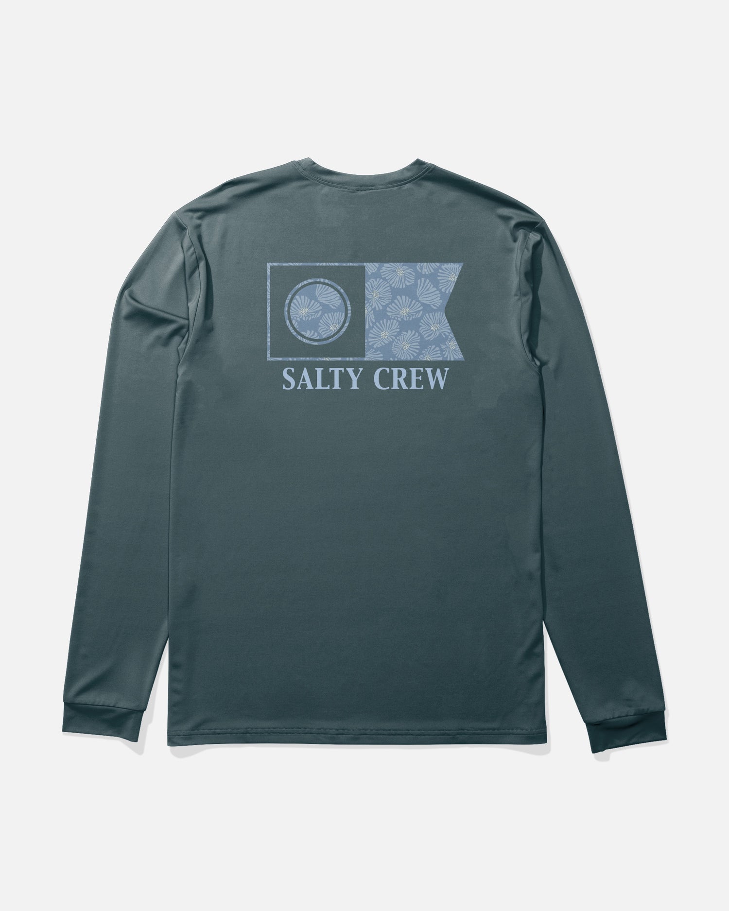The Salty Crew Flagship Fill Long Sleeve Sunshirt in Navy is displayed laid flat on a white background. This shirt features a Salty Crew logo with a flag design filled with a seashell pattern on the back. Made from 4-way stretch fabric, it offers UPF 50+ sun protection for all-day comfort.