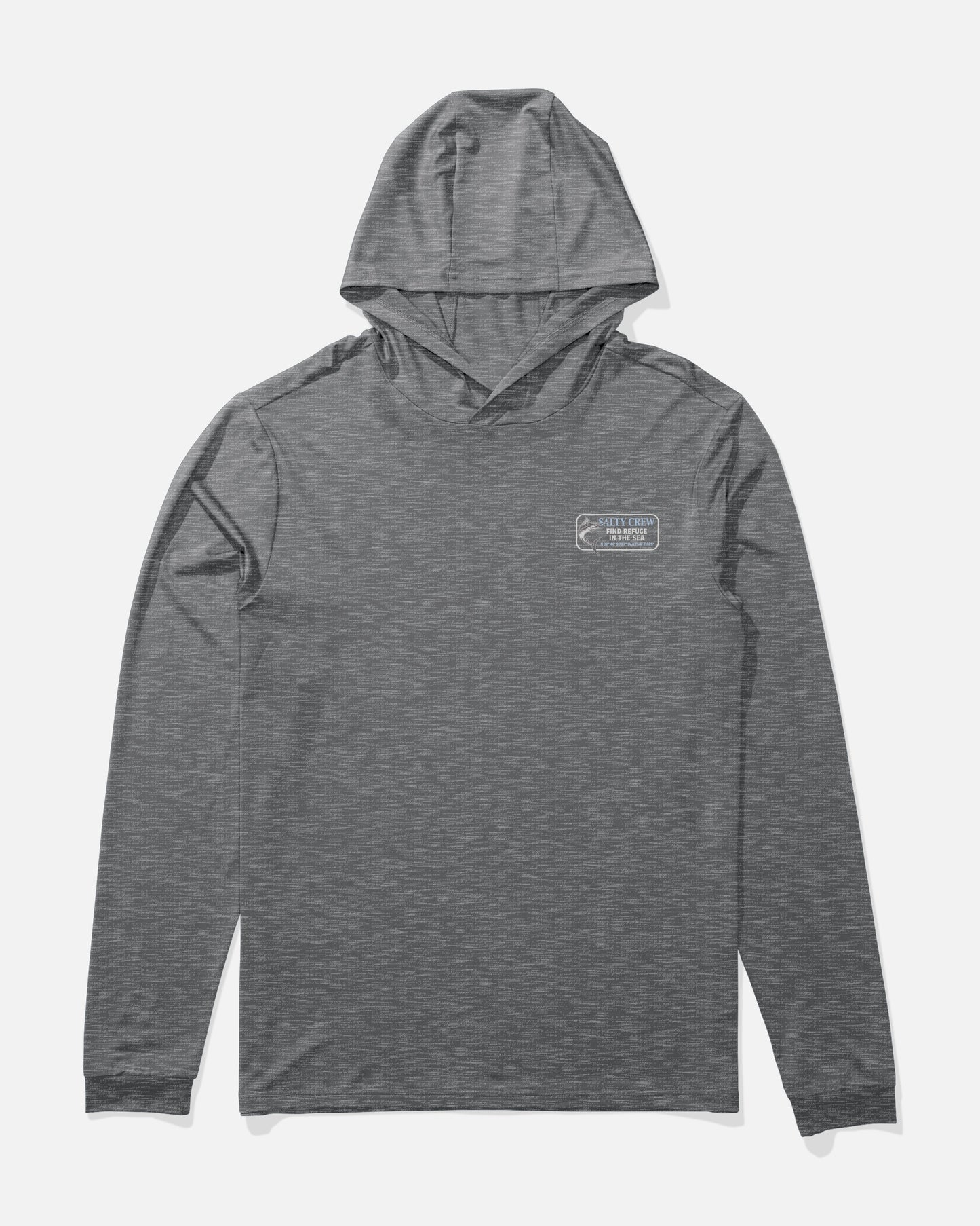 Salty Crew’s Coordinates Hood Sunshirt in Charcoal Heather is a gray, long-sleeve hooded shirt featuring a small rectangular logo with white text and a minimal graphic on the left chest. Made with moisture-wicking fabric for comfort, the shirt is displayed laid flat on a white background.
