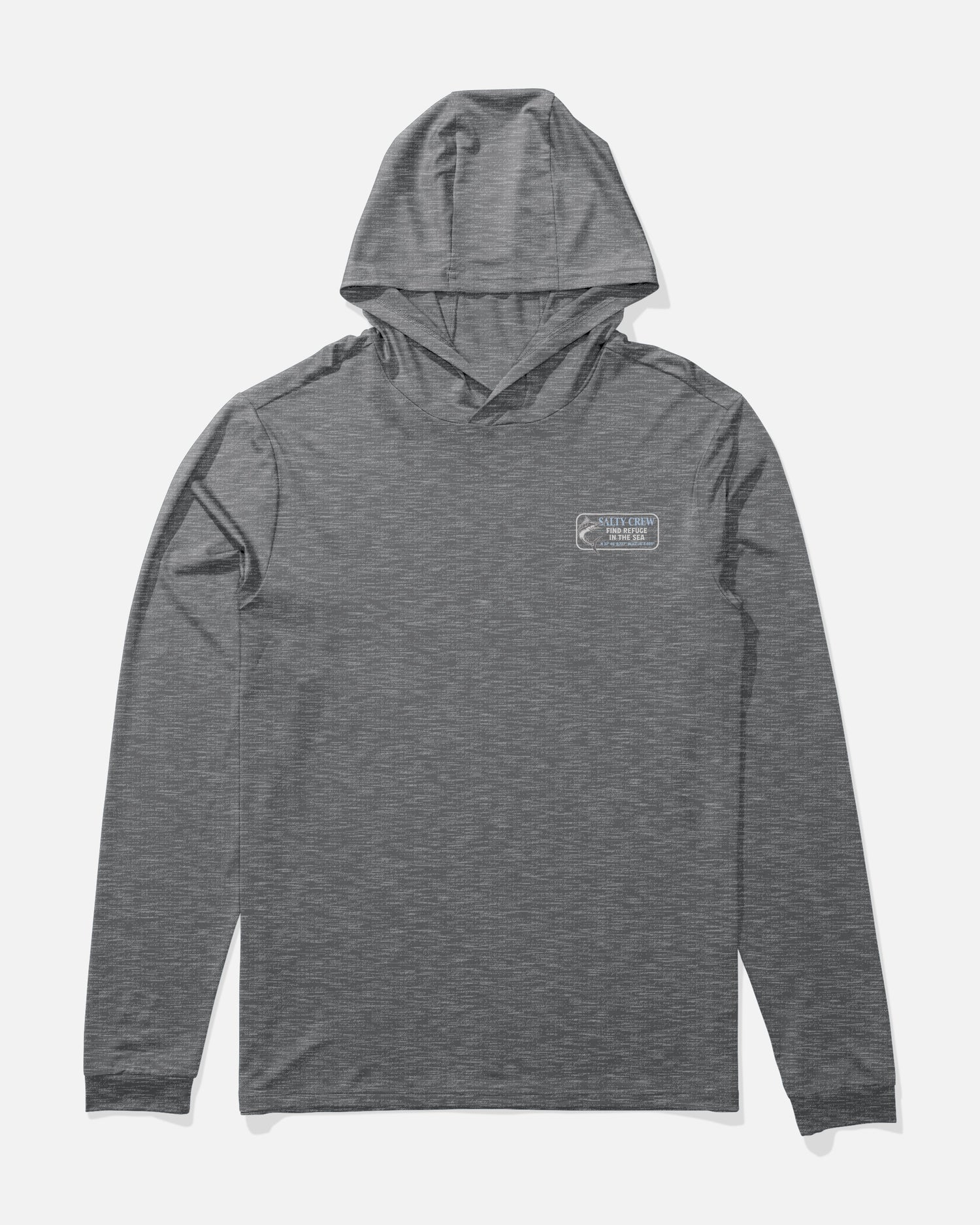 Salty Crew’s Coordinates Hood Sunshirt in Charcoal Heather is a gray, long-sleeve hooded shirt featuring a small rectangular logo with white text and a minimal graphic on the left chest. Made with moisture-wicking fabric for comfort, the shirt is displayed laid flat on a white background.