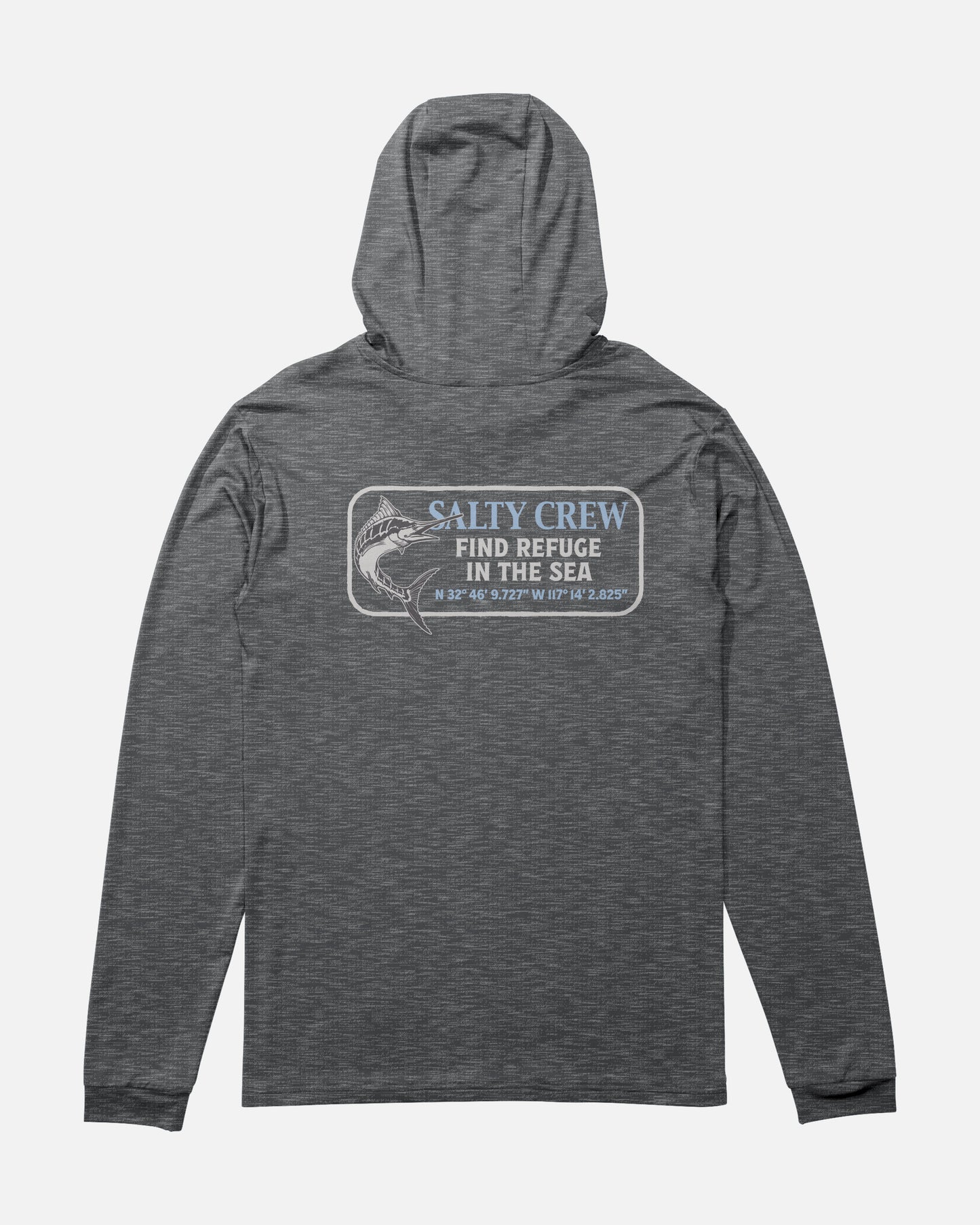 The Salty Crew Coordinates Hood Sunshirt in Charcoal Heather is a gray, hooded long-sleeve shirt featuring a back graphic of a fish, the text “Salty Crew Find Refuge in the Sea,” and geographic coordinates below. Made from moisture-wicking fabric for all-day comfort.