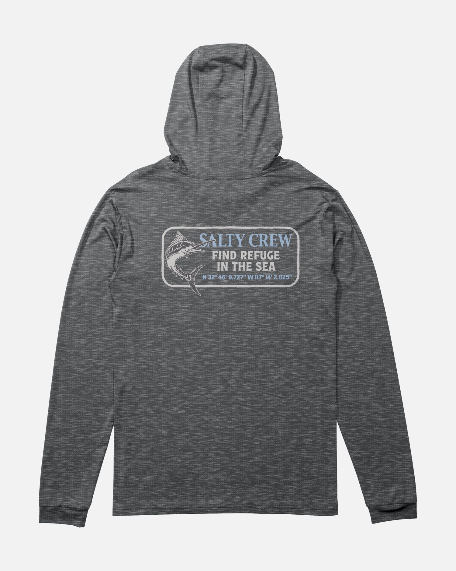 The Salty Crew Coordinates Hood Sunshirt in Charcoal Heather is a gray, hooded long-sleeve shirt featuring a back graphic of a fish, the text “Salty Crew Find Refuge in the Sea,” and geographic coordinates below. Made from moisture-wicking fabric for all-day comfort.