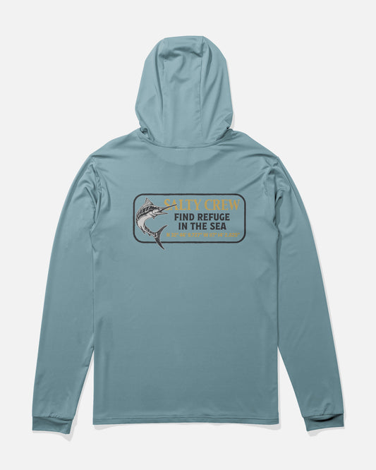 Introducing the Salty Crew Coordinates Hood Sunshirt in Hitch Blue—a lightweight, stretch sunshirt featuring a hood and a graphic fish design on the back with the words “SALTY CREW FIND REFUGE IN THE SEA, IN OR NEAR WATER AND LAND.” Designed for outdoor adventure, it offers UPF 50+ sun protection to keep you comfortable under the sun.