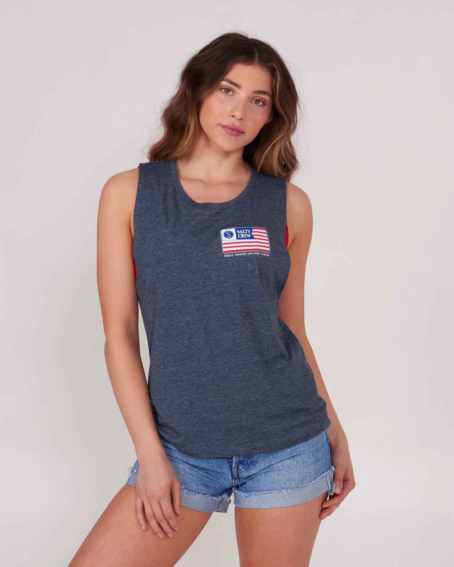 On body front of the FREEDOM FLAG WOMEN MUSCLE TANK