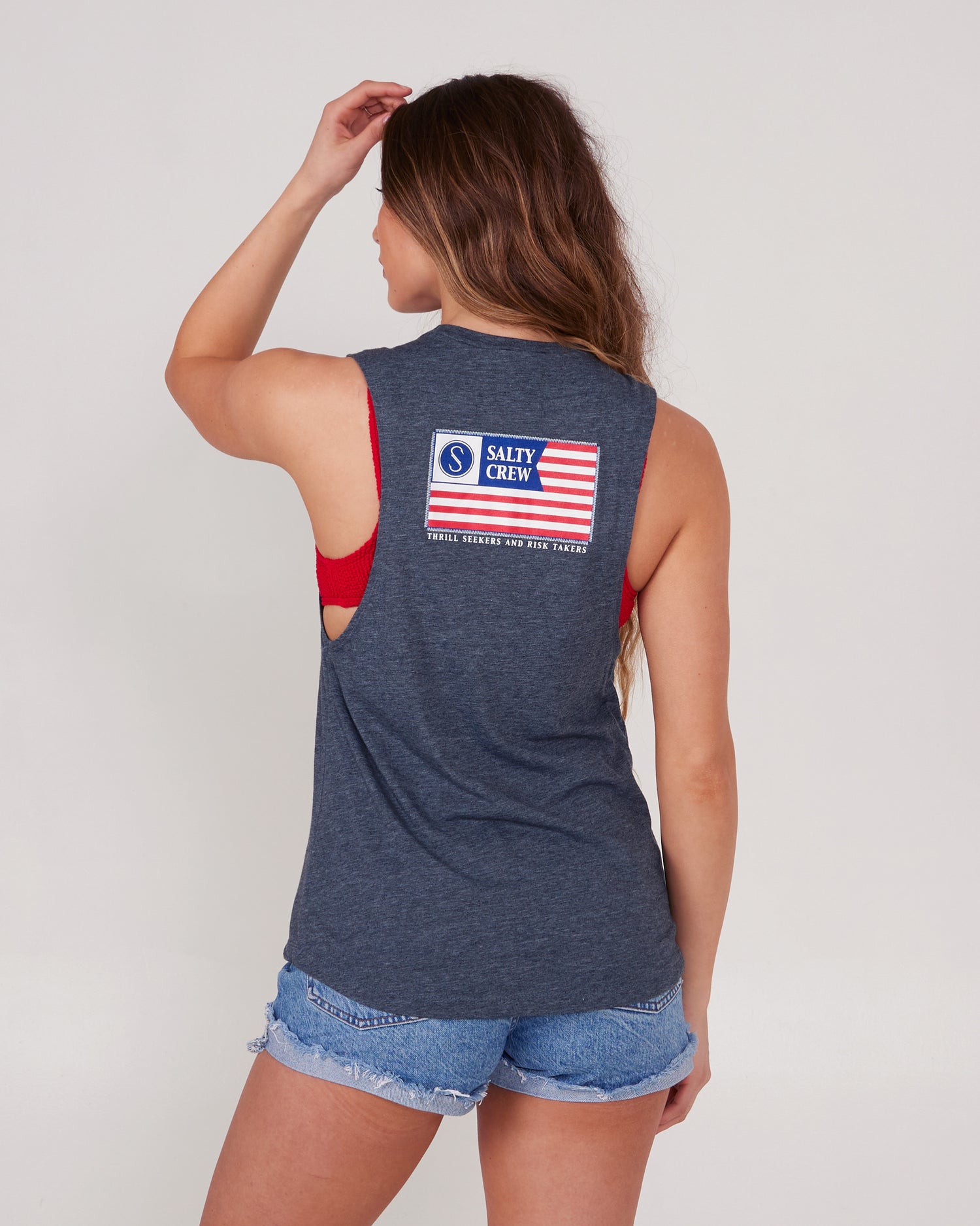 On body back of the FREEDOM FLAG WOMEN MUSCLE TANK