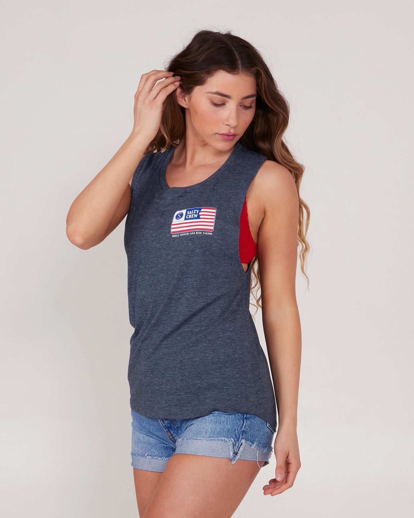 On body front front of the FREEDOM FLAG WOMEN MUSCLE TANK