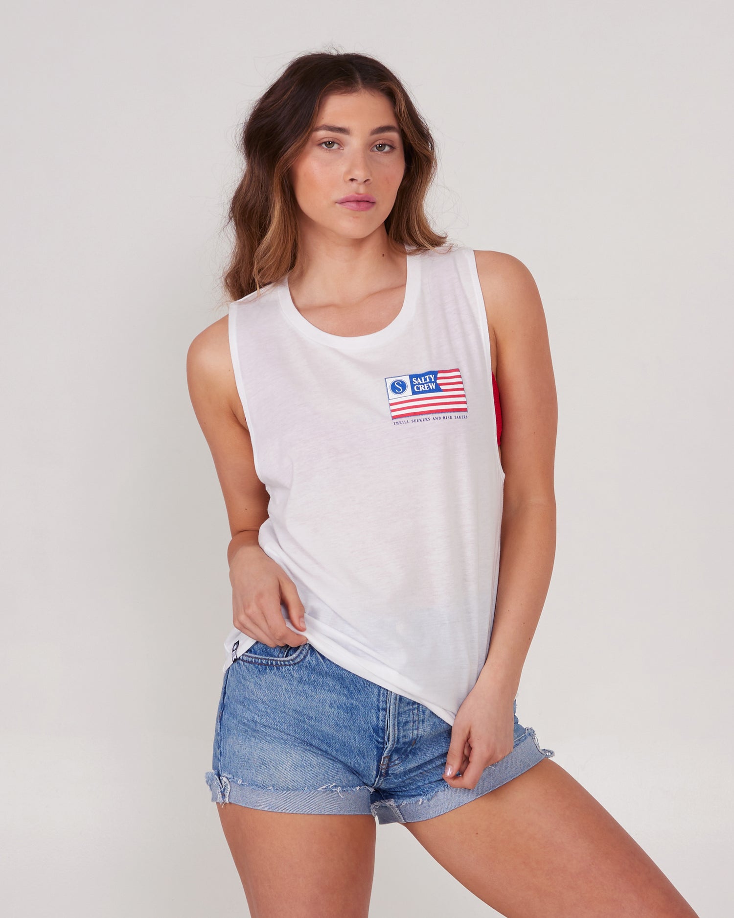 On body front of the FREEDOM FLAG WOMEN MUSCLE TANK