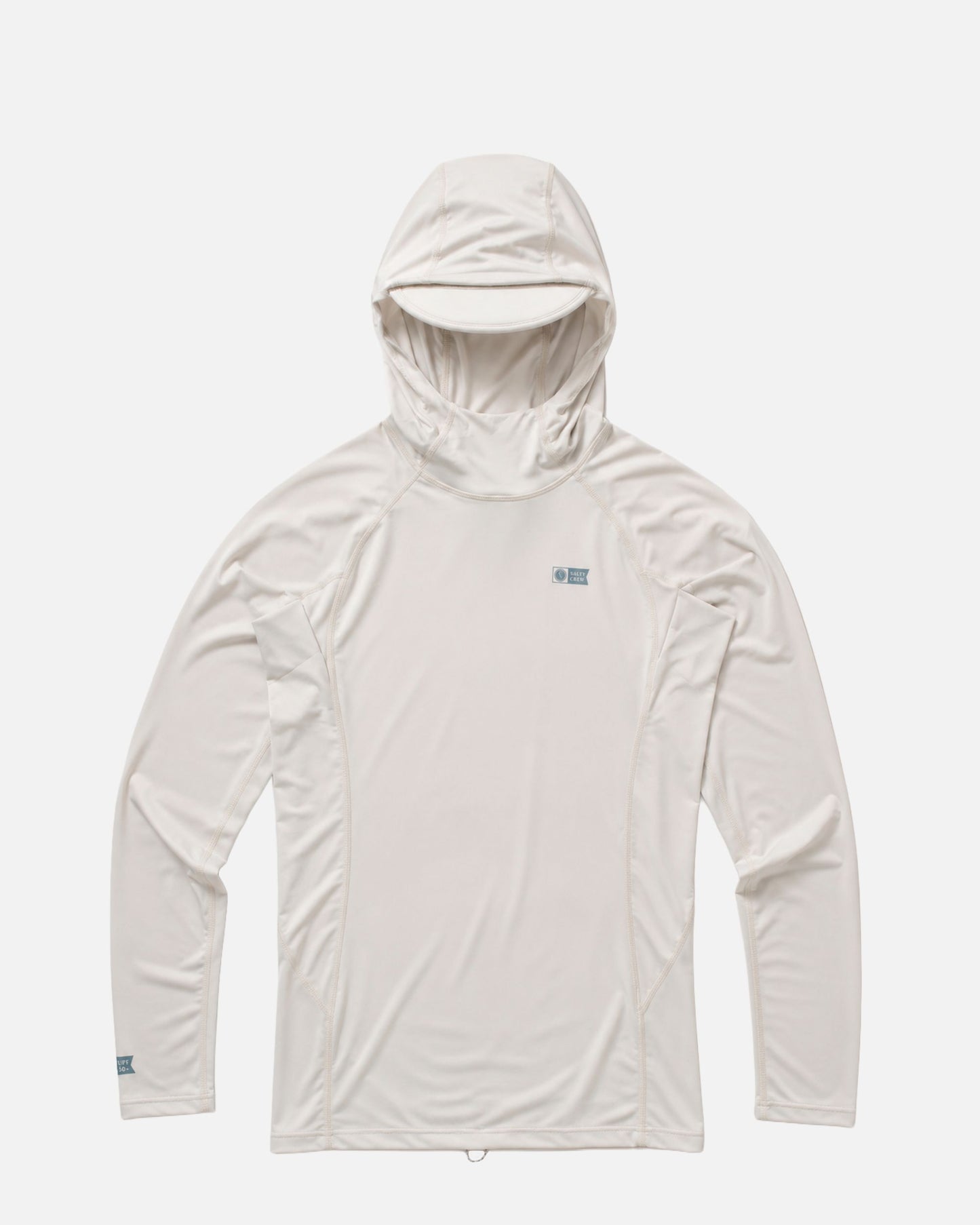 A light grey, long-sleeved Apex Hooded Rashguard from Salty Crew is laid flat on a white background. Designed as a lightweight surf hoodie, this shirt features minimal seams and a small logo on the upper left chest. Its UPF 50+ sun protection and moisture-wicking properties make it ideal for active days outdoors.