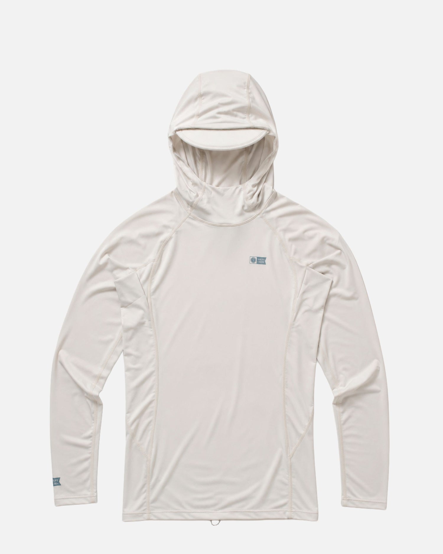 A light grey, long-sleeved Apex Hooded Rashguard from Salty Crew is laid flat on a white background. Designed as a lightweight surf hoodie, this shirt features minimal seams and a small logo on the upper left chest. Its UPF 50+ sun protection and moisture-wicking properties make it ideal for active days outdoors.
